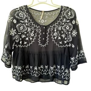 Free People Embroidered Chiffon Top size S/P